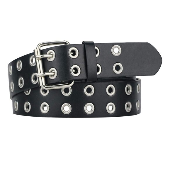 Leather belt black NEW large size 38-40 double grommet belt - Picture 1 of 7